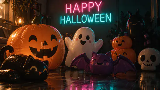 The words HAPPY in pink above HALLOWEEN in turquoise neon tubing on the back wall of a dark room filled with round smiling inflatable creatures including a large orange jack-o-lantern pumpkin, a white ghost, a purple bat, a black cat and a skull, reflected on shiny black floor tiles.