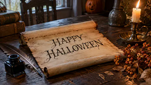A half-unrolled aged parchment scroll on a dark oak table with the words HAPPY above HALLOWEEN in ornate black ink capitals, a quill and a black inkpot at the left, a lit candle in a brass holder, dried berry branches, old books and a carved pumpkin behind.