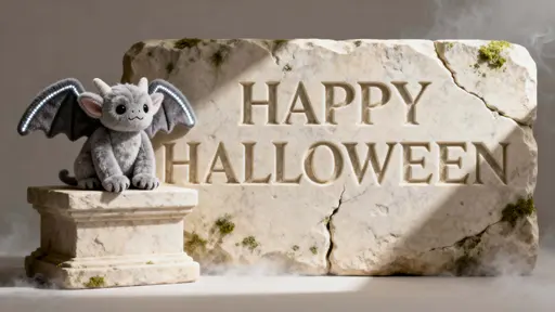 16:9 photo-quality 3D render of “HAPPY HALLOWEEN” chiseled from pale limestone (#E9E6DE) with moss flecks (#8AA267); a minky gargoyle (#AFC3CE) with felt wings (#6E6E6E) perches on a plinth with silvery rim (#C9D6DD).