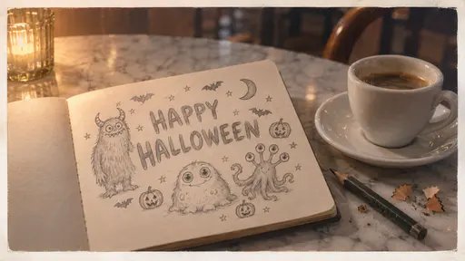 A cream notepad open on a marble cafe table with the words HAPPY above HALLOWEEN sketched in grey pencil capitals, a horned furry monster, a round green-eyed blob and a five-eyed tentacled creature doodled around them with bats, stars, a moon and three pumpkins, a white espresso cup, a short pencil with shavings and a candle in glass beside it.
