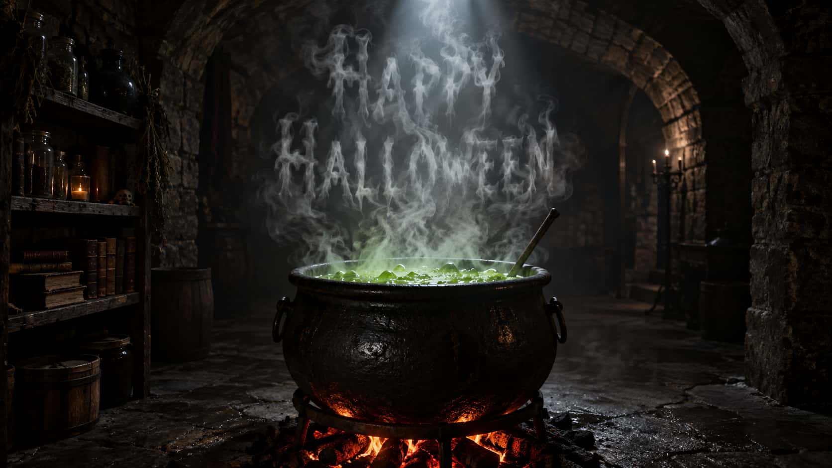 A black iron cauldron of bubbling green liquid with a wooden stirring stick on glowing coals in a dark stone cellar, pale smoke rising into the words HAPPY above HALLOWEEN beneath a shaft of overhead light, a shelf of jars and old books at the left and a candle on a stand in the arch behind.