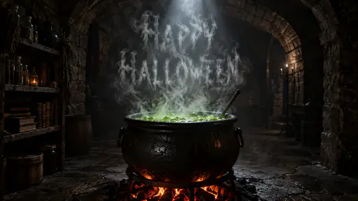 A black iron cauldron of bubbling green liquid with a wooden stirring stick on glowing coals in a dark stone cellar, pale smoke rising into the words HAPPY above HALLOWEEN beneath a shaft of overhead light, a shelf of jars and old books at the left and a candle on a stand in the arch behind.