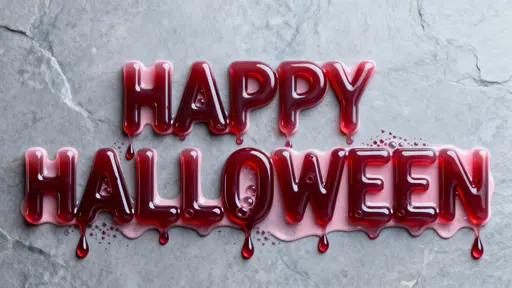 Full-frame 3D render of extruded typography reading "HAPPY HALLOWEEN" in viscous blood-gel, glossy menisci and micro‑bubbles, slow tear-shaped drips, cool stone background, clinical mood.