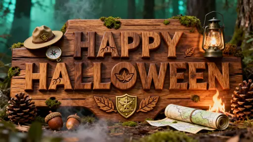 Full-frame 16:9 view of “HAPPY HALLOWEEN” carved in warm walnut with brass badge inlays and leaf-vein engraving, tiny ranger hat, compass, lantern, rolled map and pinecones, bathed in soft campfire glow with cool forest rim, faint ground-fg