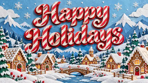 Candy-cane-striped letters spelling Happy Holidays over a gingerbread village and snowy mountains.