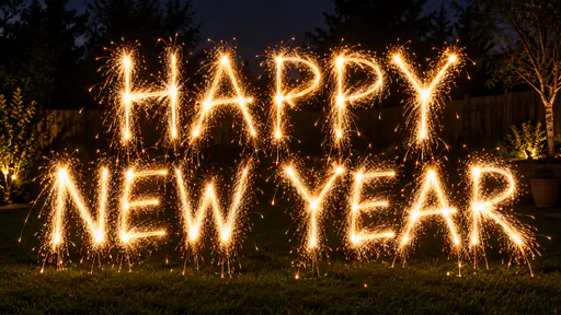 The words HAPPY above NEW YEAR drawn in bright golden sparkler light trails in a dark night garden with falling sparks and the soft shapes of a fence and trees behind.