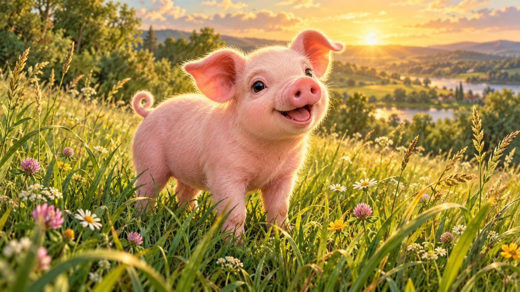 A cute pink piglet stands in tall green grass with a happy open mouthed face and soft sun behind it.