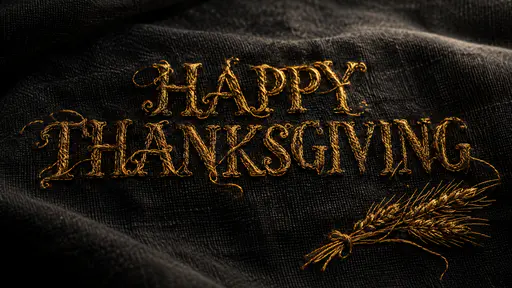 The words HAPPY above THANKSGIVING woven in fine metallic gold thread in ornate capitals with looped and curled letter ends on dark charcoal woven cloth, loose strands trailing off and a small gold-thread wheat sheaf tied with a bow at the lower right.