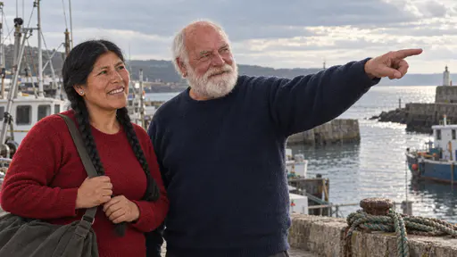 A broad white-bearded man with a gold earring in a navy sweater points out across the water with his right arm while a sturdy woman with two long black braids in a deep red sweater follows his gesture on a quay with boats and coiled rope behind them in soft afternoon light.