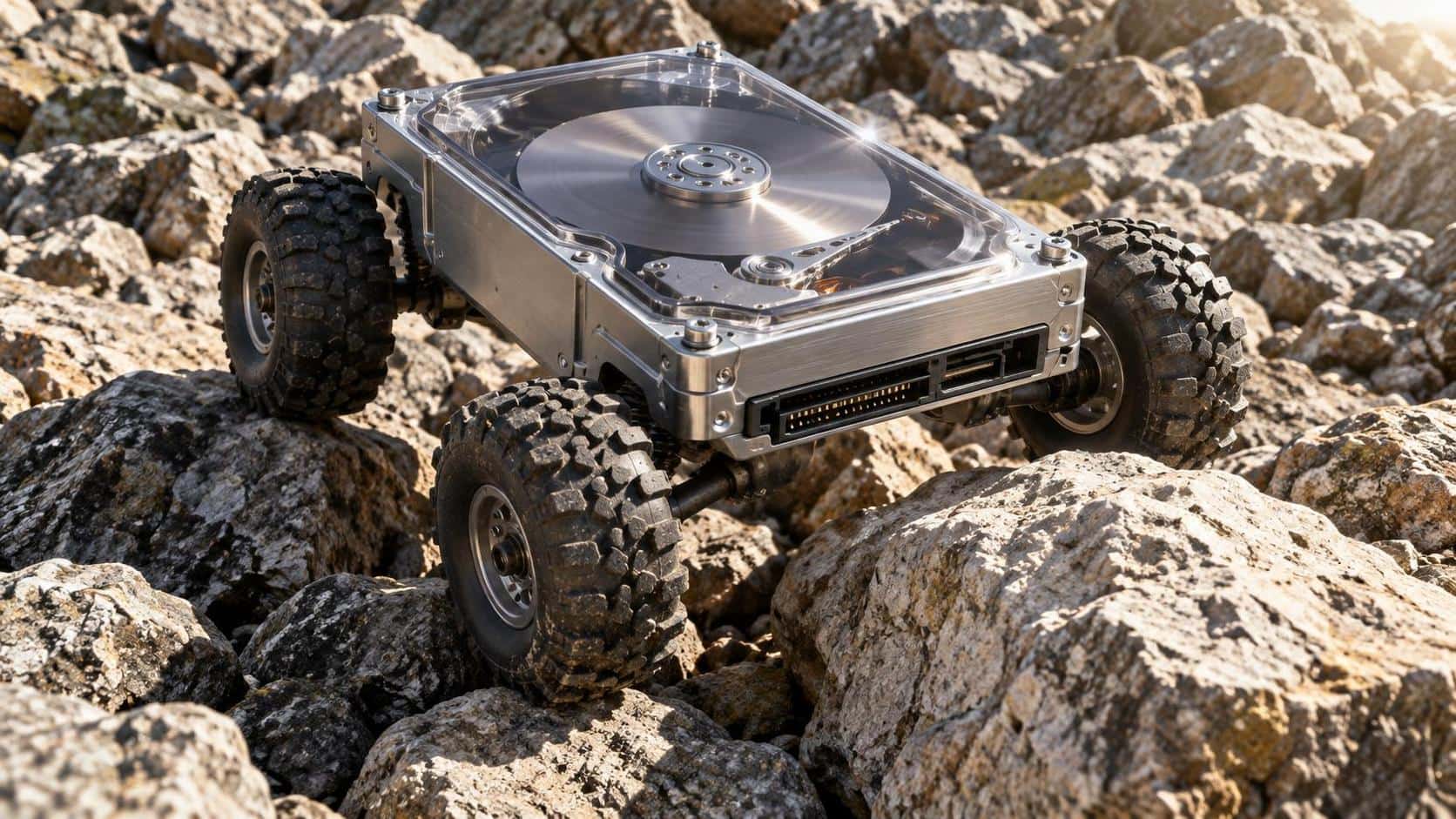 A silver computer hard drive forms the chassis of a miniature off-road truck with four rugged tires and an exposed platter beneath a clear roof, riding up over rough stones in hard outdoor light.