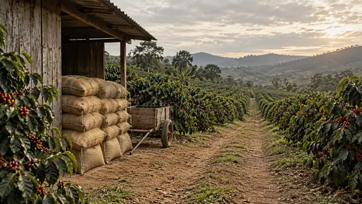 Plain burlap sacks stacked three high rest beside a small plain plantation shed with a hand cart in warm late light, coffee rows running away on both sides.