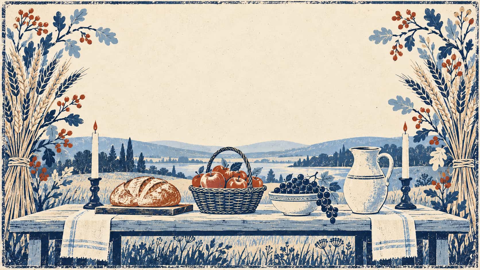 An outdoor harvest table holds a loaf of bread, a basket of apples, a bowl of grapes, a jug and two lit candles framed by wheat sheaves and autumn branches in a folk print.
