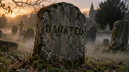 A weathered grey granite tombstone in a misty graveyard at sunset with the word HAUNTED engraved across its face in blocky letters, lichen and moss over the stone, other crooked stones and a church spire behind and a branch across the upper left.