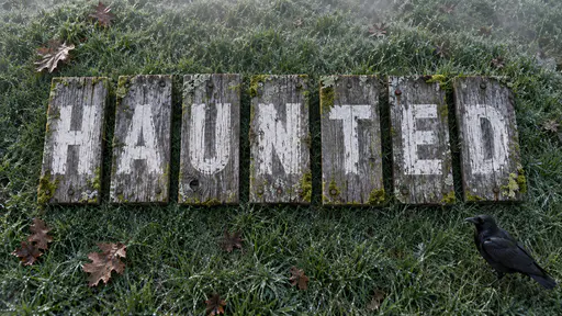 Seven weathered grey planks with moss and rust nail heads lie in a row on dew-wet grass, each bearing one faded white painted capital letter spelling HAUNTED, with fallen oak leaves and a black crow at the lower right.