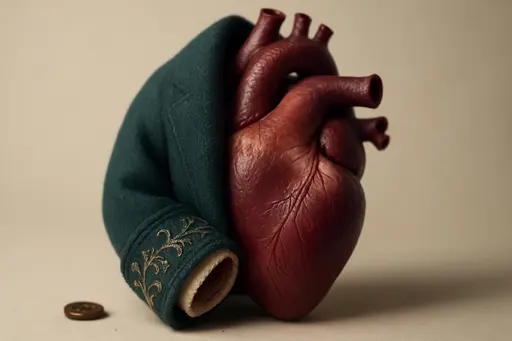 An anatomically detailed human heart dressed in an embroidered heavy coat sleeve, captured in intimate macro study where fabric and flesh meet. The image juxtaposes tender organic surfaces with tactile textiles to visualize the idiom of openly worn emotion.