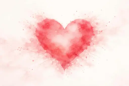 A cinematic 3:2 digital watercolor showing a single translucent rose-pink and cadmium-red heart centered on clean paper with wet-on-wet blooms and radiating splatters.