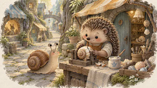 A hedgehog in a leather apron holds a cracked snail shell steady in a wooden clamp at a shell-shop bench while the old brown snail waits beside it, a pot of glue and a small brush on the bench in a narrow cobbled lane of tiny animal workshops.