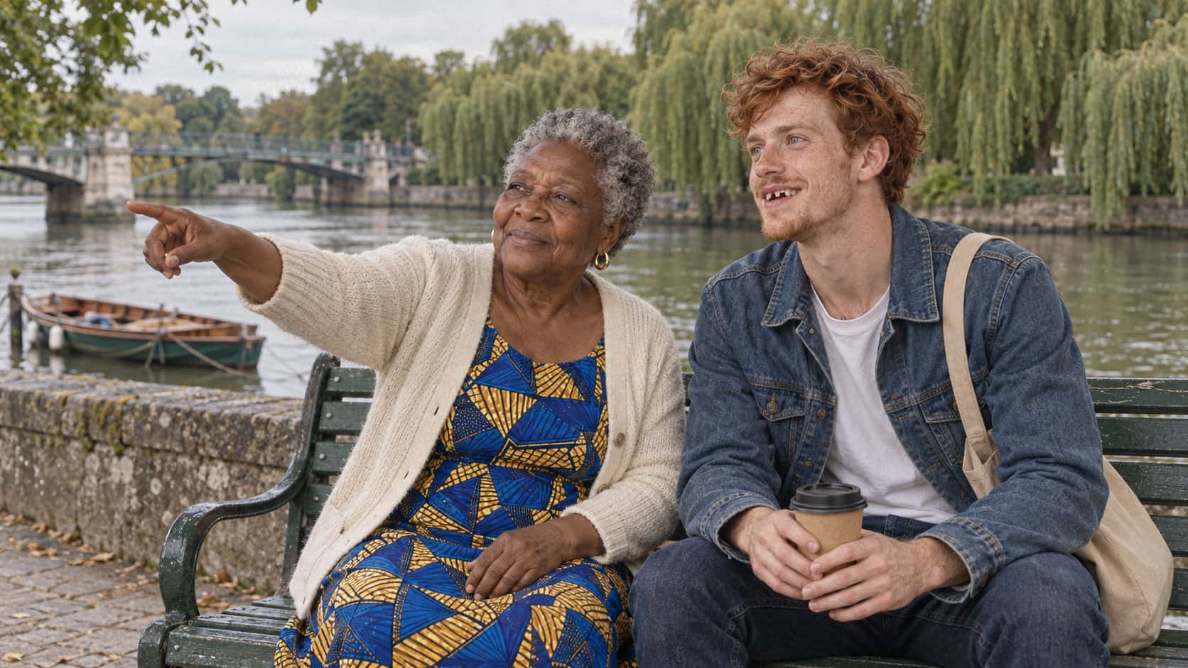 An older woman in a cobalt dress points across a river at a far bank of willows from a green slatted bench while a young man in a denim jacket beside her follows her gaze holding a coffee cup in warm afternoon light.