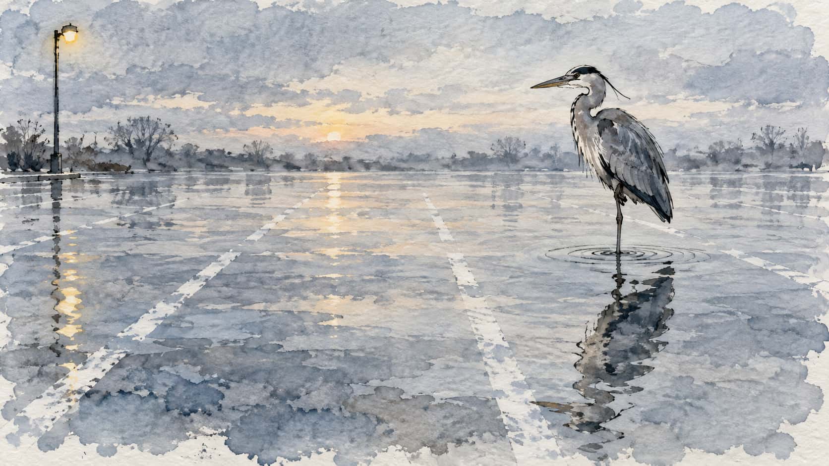 A grey heron on one leg in ankle-deep floodwater covering a car park, white bay lines fading under the water, its reflection broken by a ripple, a lit lamp post at the left edge.