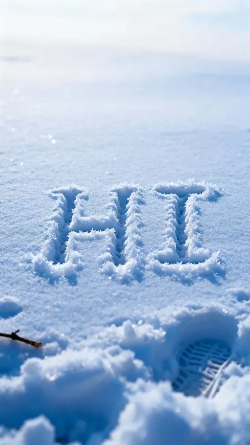 A vertical 9:16 scene showing the letters "HI" drawn into a frosty snow surface on a flat outdoor plane, with crisp edges and soft cool light for a serene seasonal greeting effect.