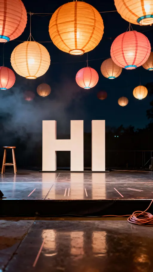 Close-up vertical portrait of the letters "HI" framed by warm lantern lights and soft night air, designed for a tall 9:16 crop that feels intimate and cinematic.