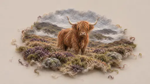 Needle-felted wool slice of a ginger highland cow standing in a misty moor of oat and heather fibers, scattering into loose fibers on a pale putty field.