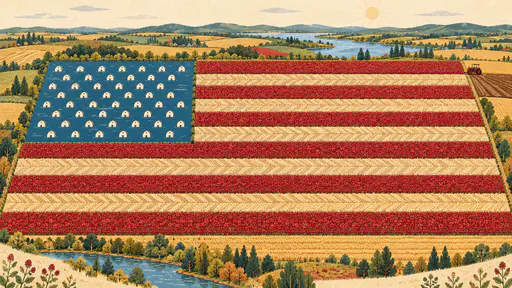 Aerial view of farm fields forming a giant flag with red clover stripes and blue pond canton.