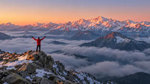 A lone adult hiker in a red jacket stands small on a rocky summit ridge with arms lifted above a sea of clouds with distant peaks lit rose and amber by the sunrise.