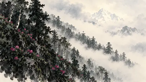 A steep Himalayan slope of dark fir and rhododendron lies in morning cloud with pale birch trunks, magenta blooms and a faint snow peak above in ink dabs.