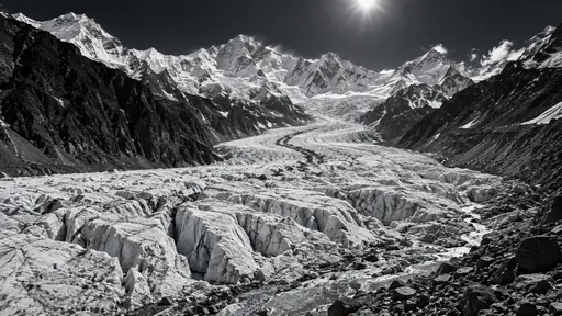 A broad Himalayan glacier flows down a high valley between dark rock walls with crevasses, meltwater channels and a ring of snow peaks at its head.