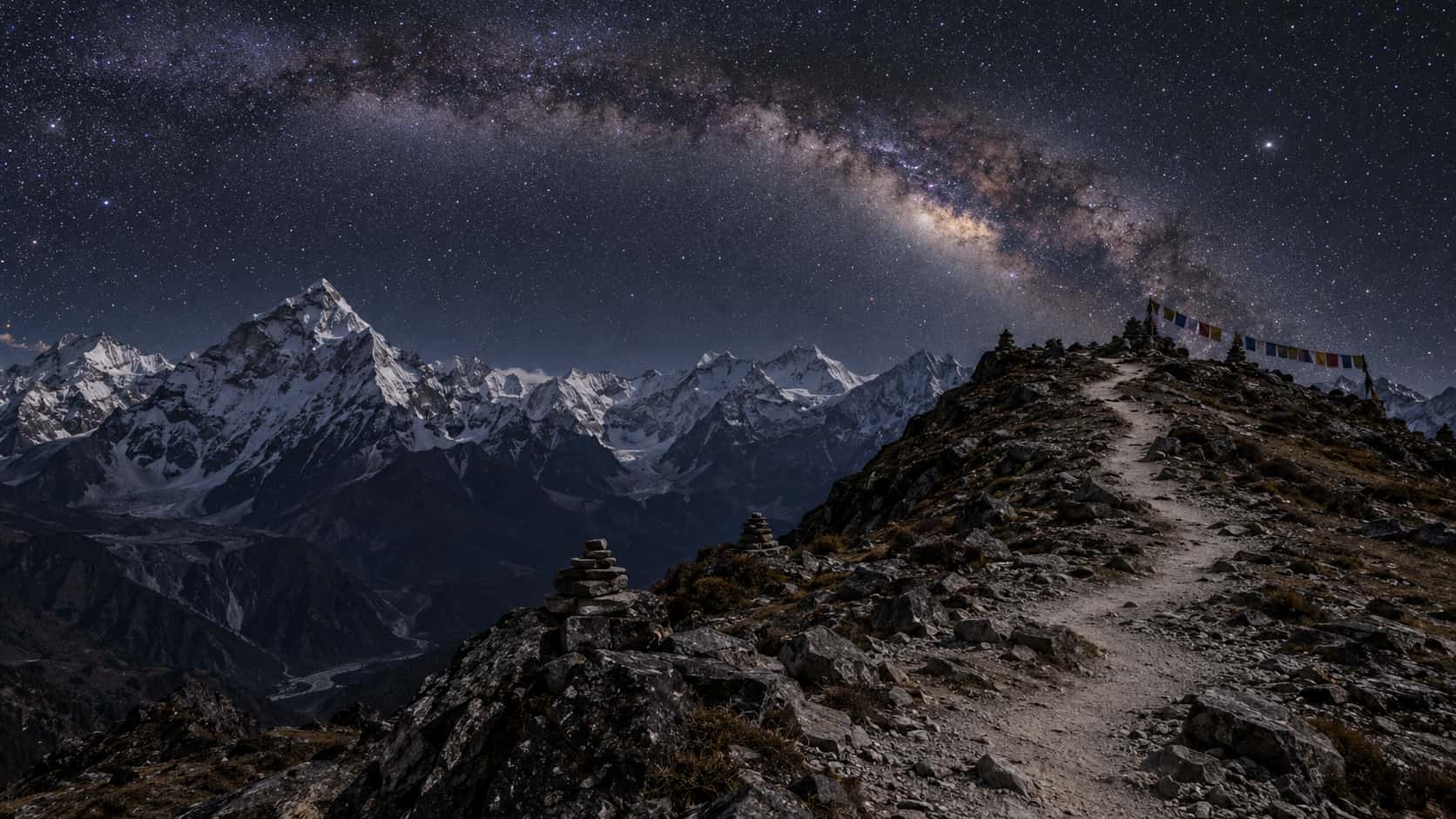 A narrow Himalayan trail winds up a rocky ridge past cairns and flags toward a skyline of snow peaks under the arching Milky Way.