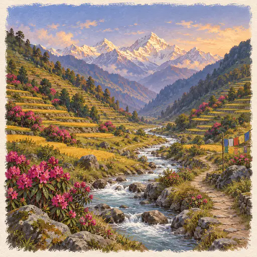 A green Himalayan valley with stepped terraced fields, a winding stream and magenta rhododendron bushes leads to snow peaks in soft gouache with a brushed border.