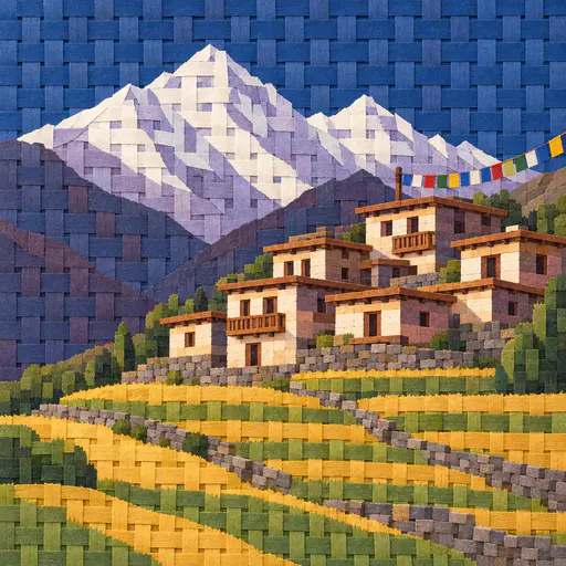 A small Himalayan village of flat-roofed stone houses with timber balconies and colored flags sits among golden terraces below snow peaks in woven paper strips.
