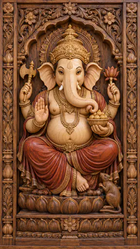The Hindu god Ganesha sits cross-legged on a lotus throne with four arms, a curled trunk, a bowl of sweets and a small mouse beneath a carved arch of leaves in inlaid wood.