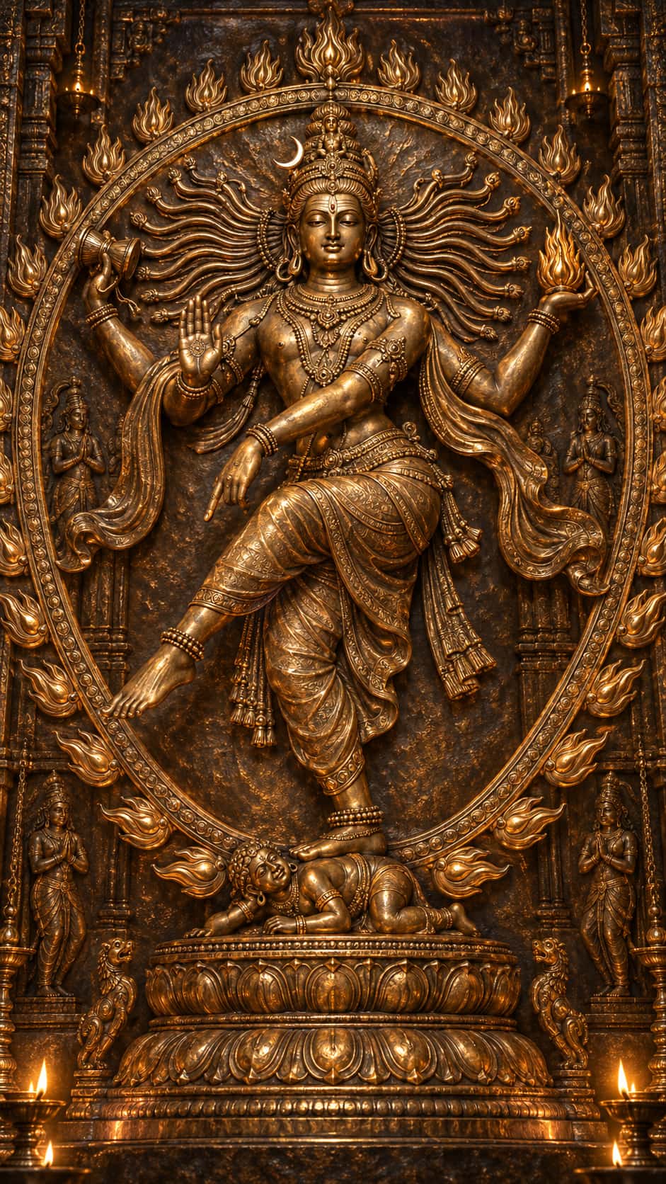 The Hindu god Shiva as Nataraja dances on one raised leg with four arms holding a hand drum and a flame inside a great ring of fire in hammered bronze relief.