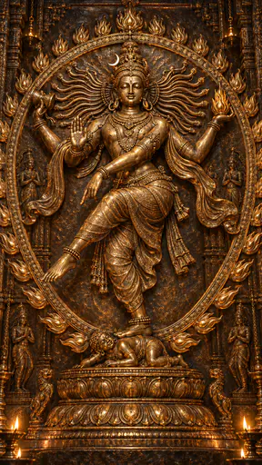 The Hindu god Shiva as Nataraja dances on one raised leg with four arms holding a hand drum and a flame inside a great ring of fire in hammered bronze relief.
