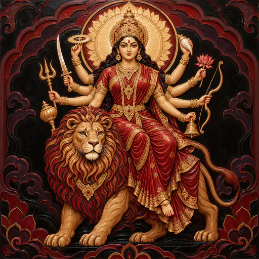 The Hindu goddess Durga sits upright on a great lion with eight arms each holding a traditional emblem and a golden halo behind her head in nested red and gold lacquer layers.