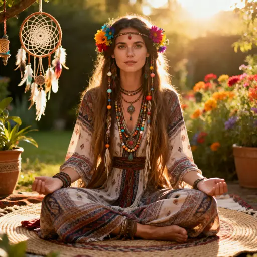 Close-up portrait of a beautiful hippie woman with a flower crown and loose waves, wearing a turquoise embroidered blouse and sunflower-yellow scarf, coral lipstick, warm-amber sunlight and deep-teal background.