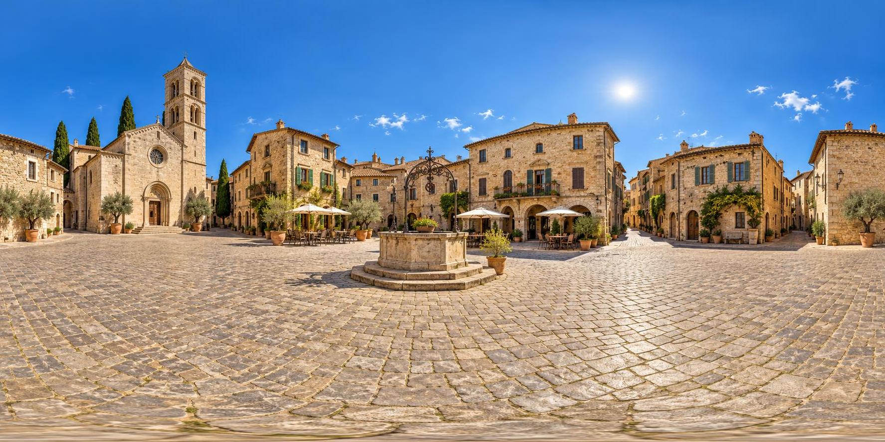 A full 360 degree equirectangular panorama from the centre of a historic stone town square with cobbled paving, a well, old townhouses with shuttered windows, a church tower and cafe tables with umbrellas.