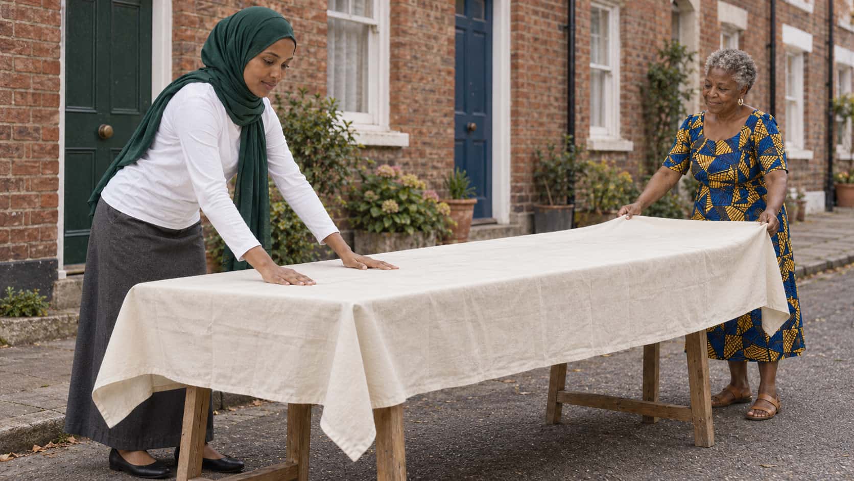 A young woman in an emerald-green hijab smooths a long cream tablecloth flat over a wooden trestle table while an older woman in a blue and yellow wax-print dress holds out the far corner on a quiet terraced street in soft golden light.
