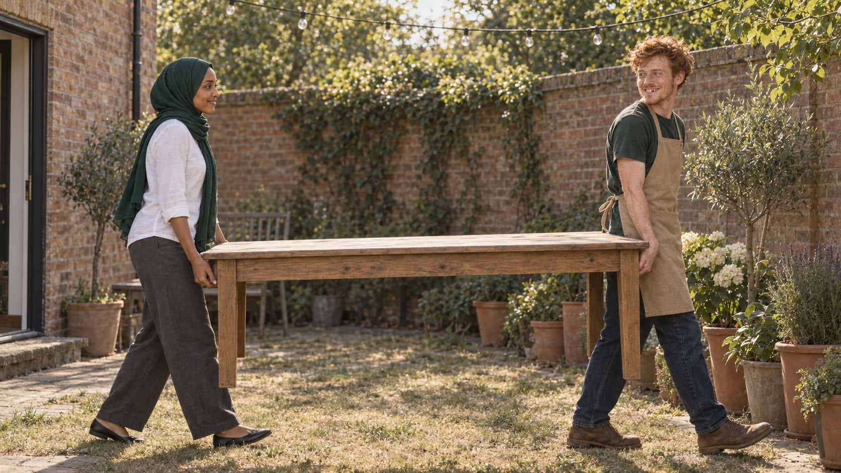 A woman in an emerald-green hijab and white linen top and a slim man with tousled copper-red hair in a tan apron carry a long wooden table between them across a small brick courtyard with potted plants and a string of unlit bulbs above.