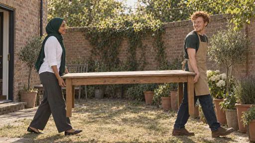 A woman in an emerald-green hijab and white linen top and a slim man with tousled copper-red hair in a tan apron carry a long wooden table between them across a small brick courtyard with potted plants and a string of unlit bulbs above.