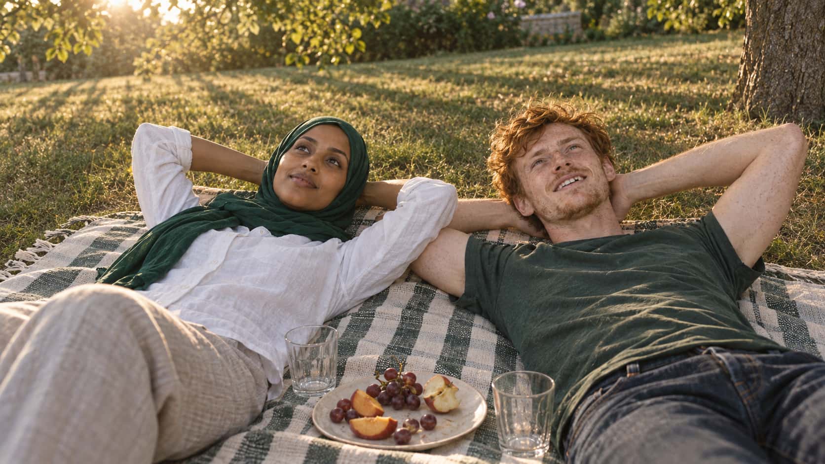 A woman in an emerald-green hijab and a slim man with tousled copper-red hair lie back side by side on a striped picnic blanket with their hands behind their heads beside a half-eaten plate of fruit and two empty tumblers with long shadows across the lawn.