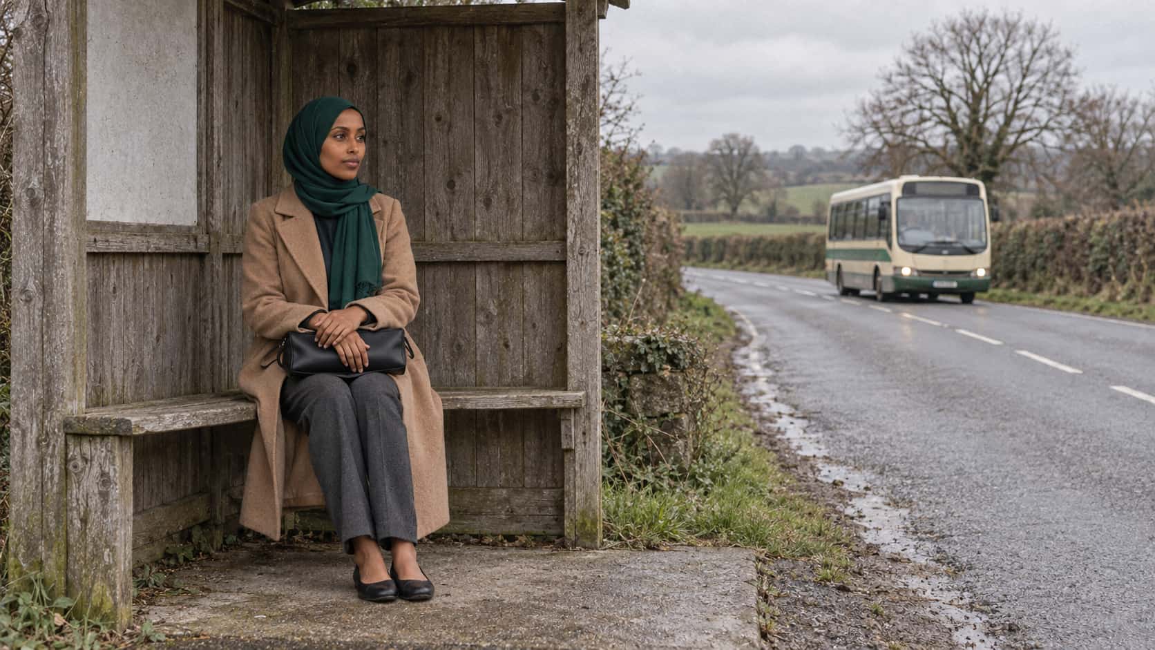 A woman in an emerald-green hijab and a camel coat sits on the plank bench of a weathered wooden roadside shelter with her bag on her lap looking along a curving country road with hedgerows in flat grey light.