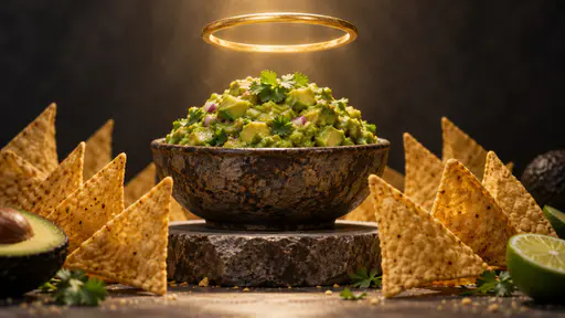 Holy guacamole: A stone bowl of guacamole with a golden halo hovering above it, surrounded by tortilla chips, avocado half and lime.