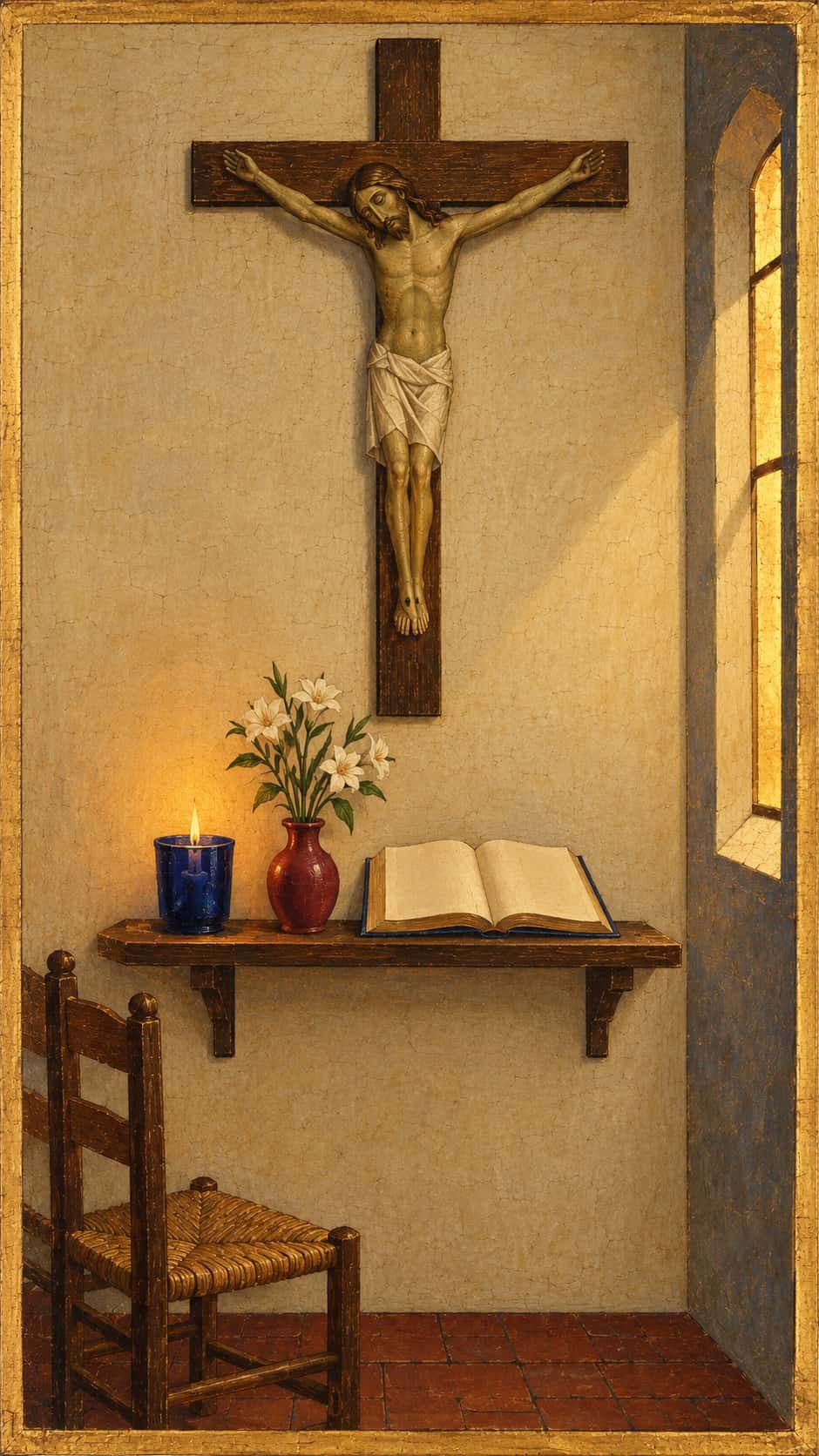A home prayer corner has a plain wooden crucifix on a cream wall above a shelf with a lit candle in blue glass, white flowers and an open book beside a woven chair.
