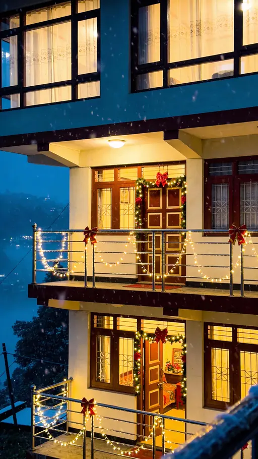 A cozy hillside homestay in Darjeeling on a Christmas night with warm interior glow, soft fairy lights around windows, gentle mist and falling snow-like particles, and red-gold festive accents.