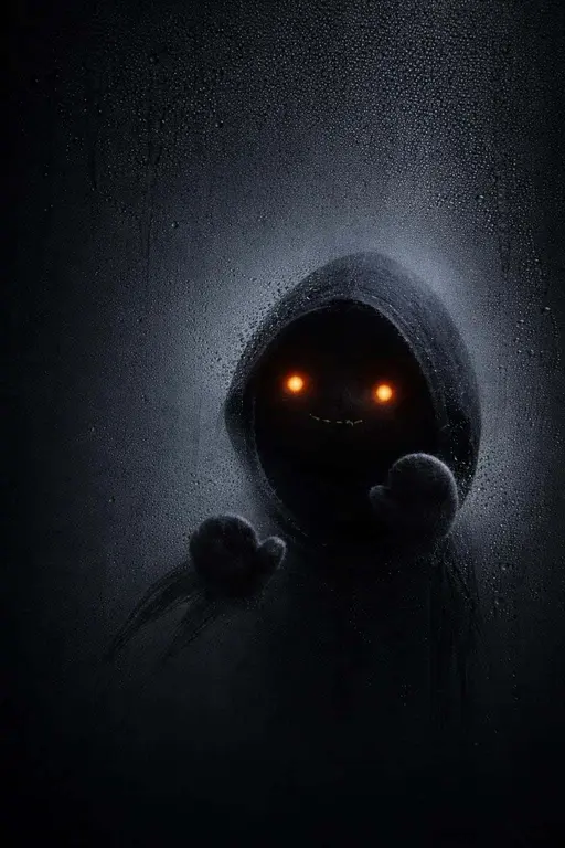 Portrait 2:3 dark fogged-glass canvas with charcoal gradients and condensation; a wiped oval reveals a hooded shadow sprite with ember eyes and mitten hands pressing, minimal composition.