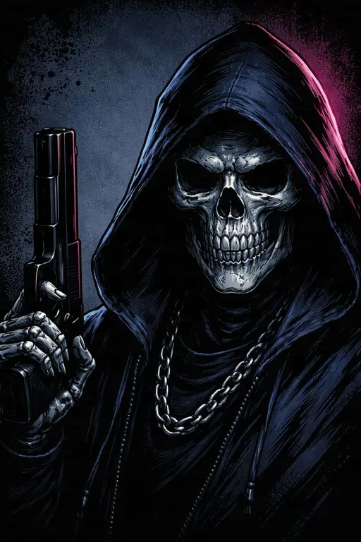 Close-up digital painting of a hooded skull figure holding a pistol, reproduced with exact composition and neon-magenta rim lighting for a poster-cover use.