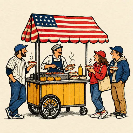 Hot dog stand wearing a flag awning with canton corner and stripes above customers. Thirteen stripes and a neat canton fire the crowd.